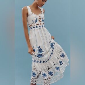 Farm Rio Cross Stitch Richelieu Sunflower Midi Dress, NWT, Small